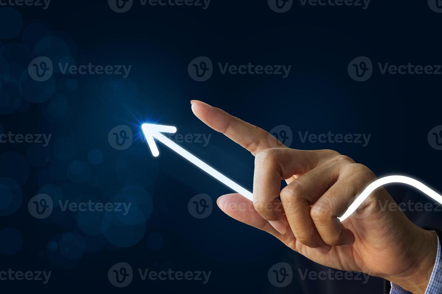 Hand touching development to success and growing growth. Businessman pointing arrow graph corporate future growth plan photo