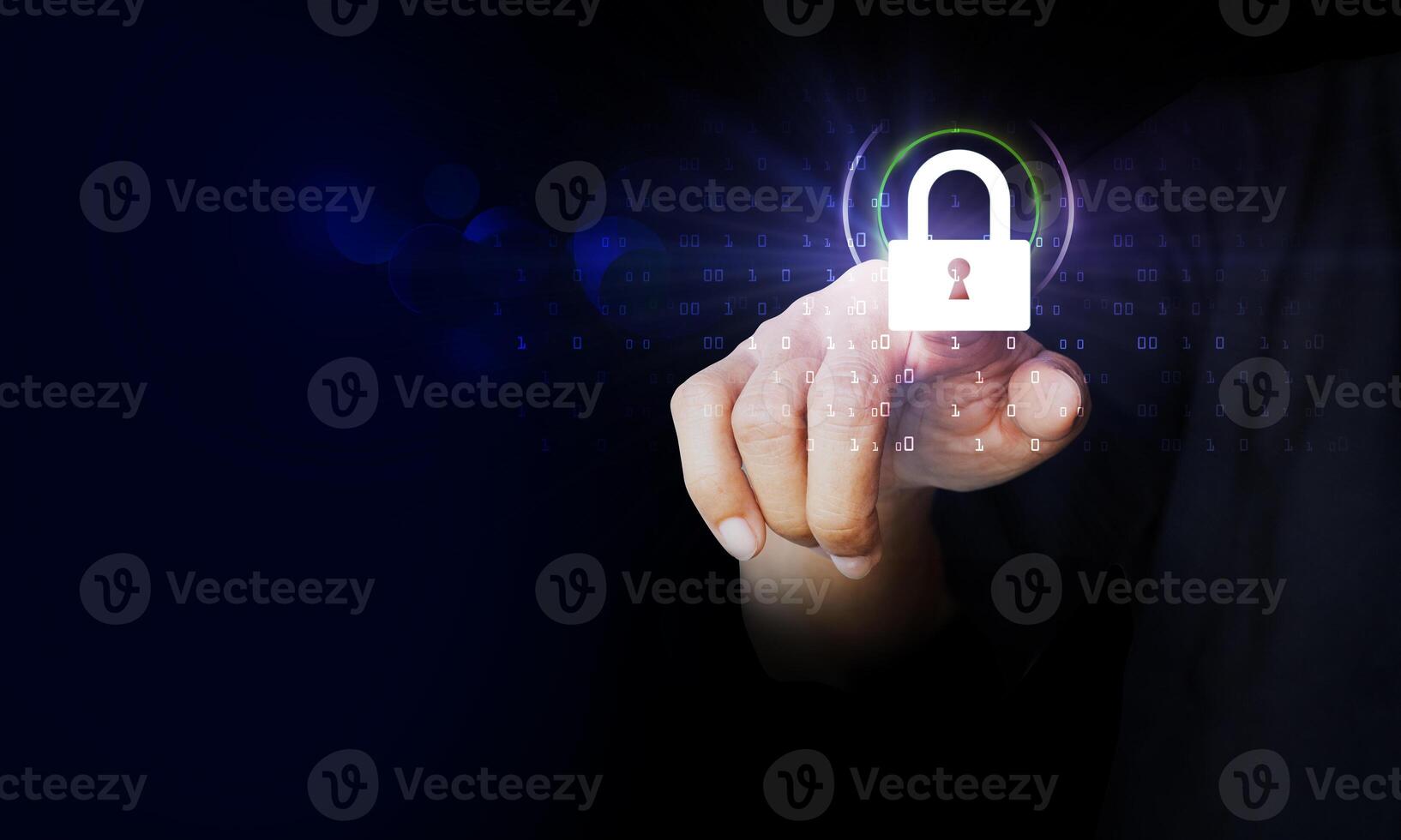 Finger touching Padlock icon on network connection, digital background. photo