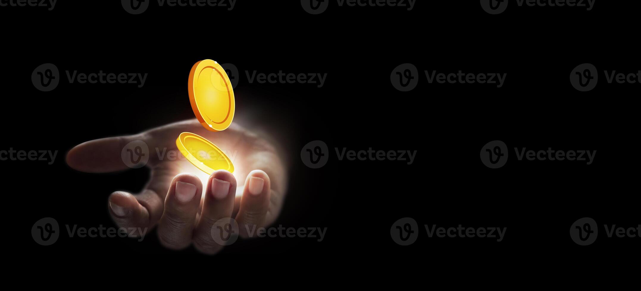 Hand open holding gold coin icon. Digital transformation investment and finance concept photo