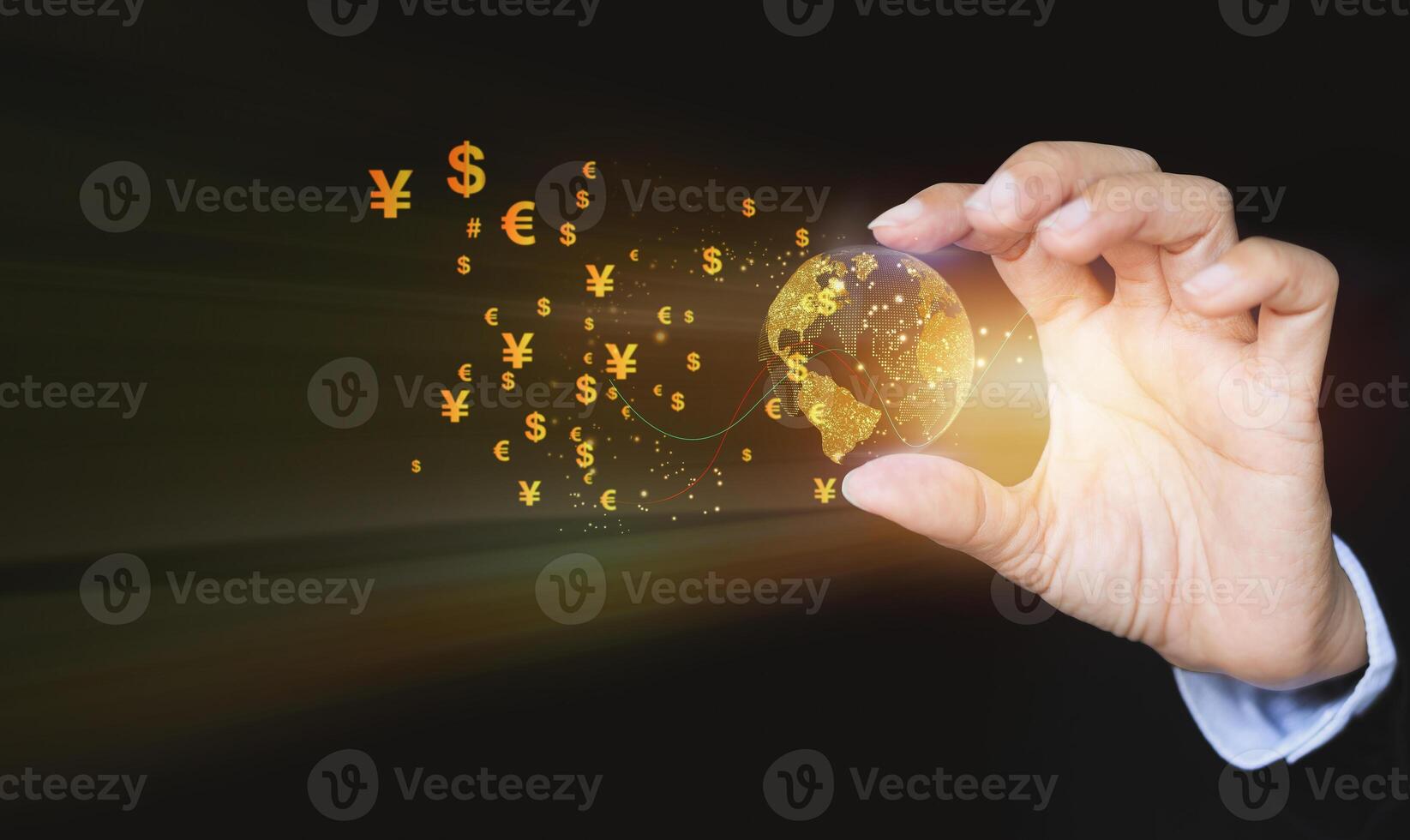 hand holding dollar sign and currency symbols on black background photo