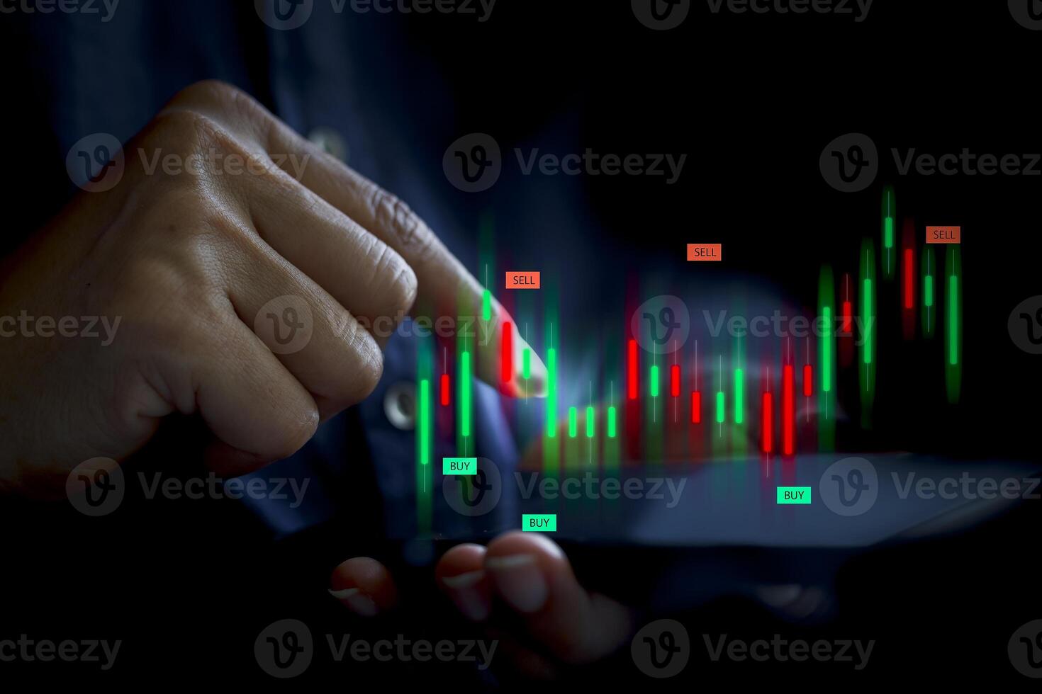 Businessman Hand touching smartphone with virtual increasing technical graph photo