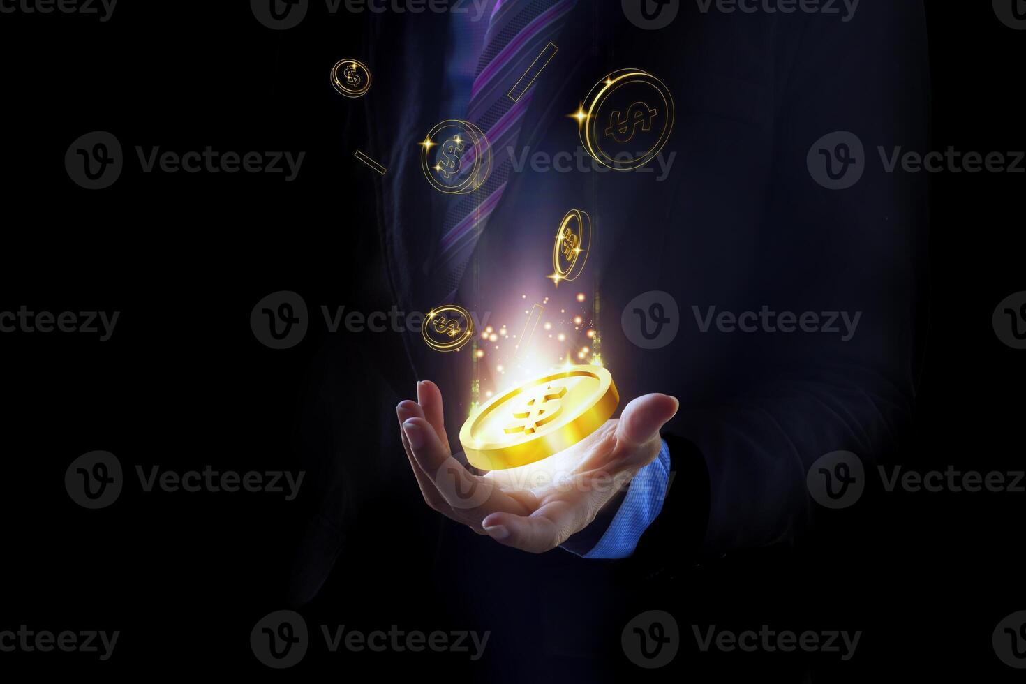 Businessman hand open holding gold coin icon. Digital transformation investment and finance concept photo
