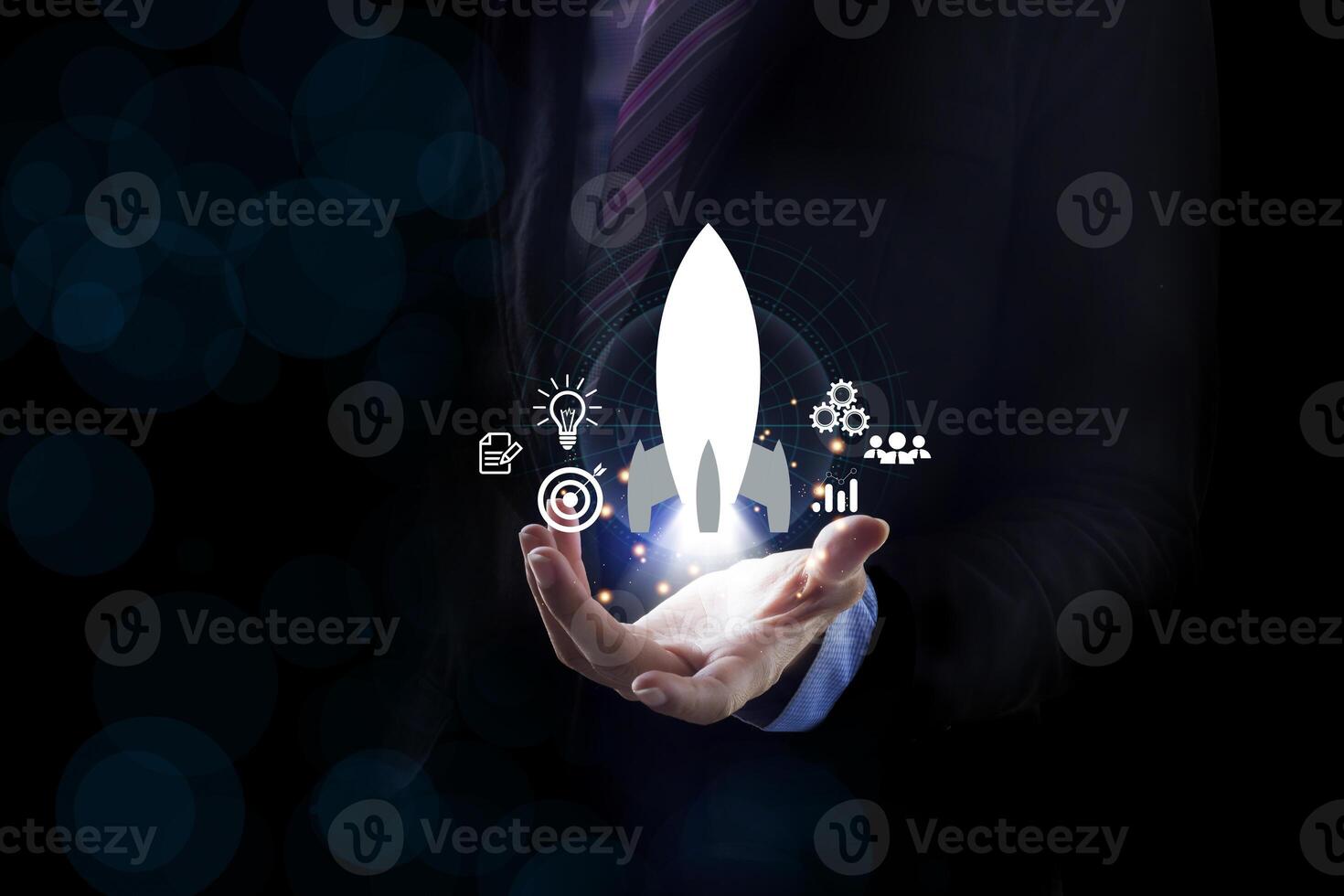 Startup business concept, Businessman control white rocket. Fast business success. Network connection on city background. photo