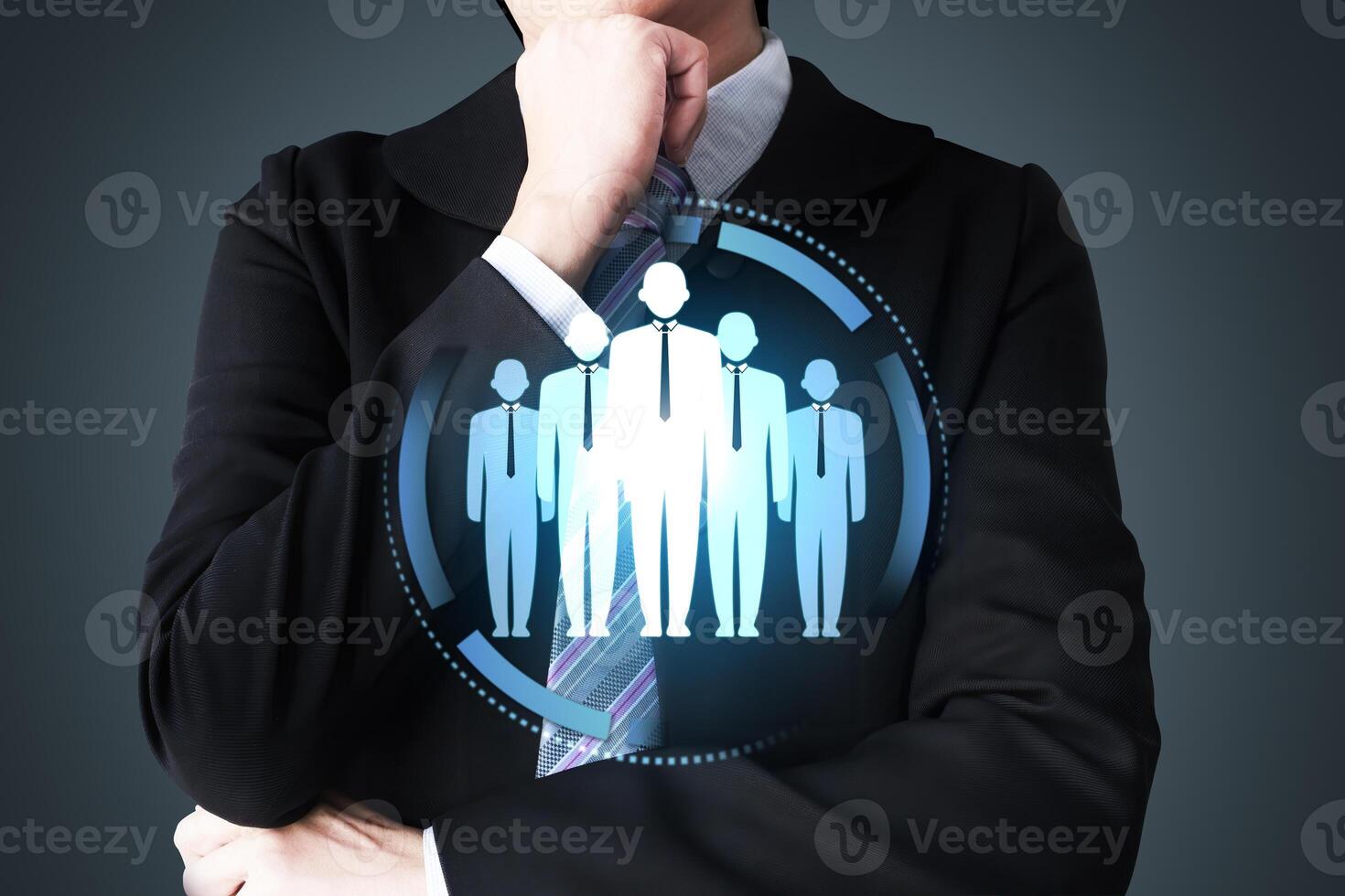 HRM or Human Resource Management focus to manager icon which is among staff icons for human development recruitment leadership and customer target group concept. photo