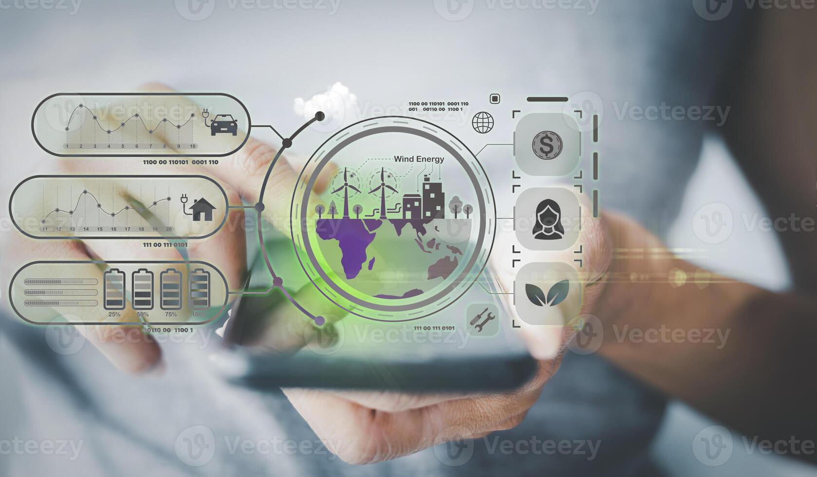 a person holding a smart phone with a digital interface of a green energy concept photo