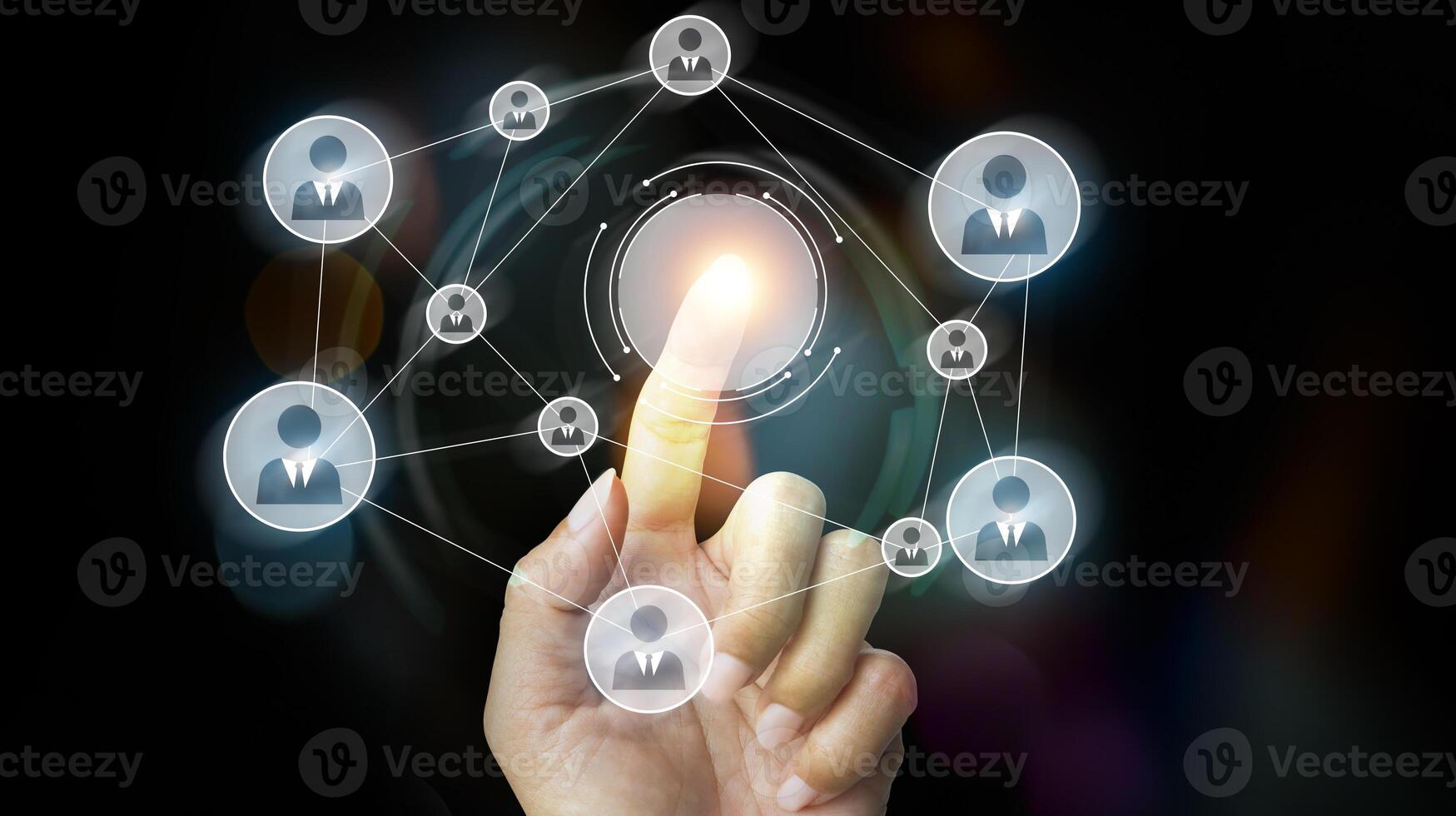 a hand is touching a button with social icons photo