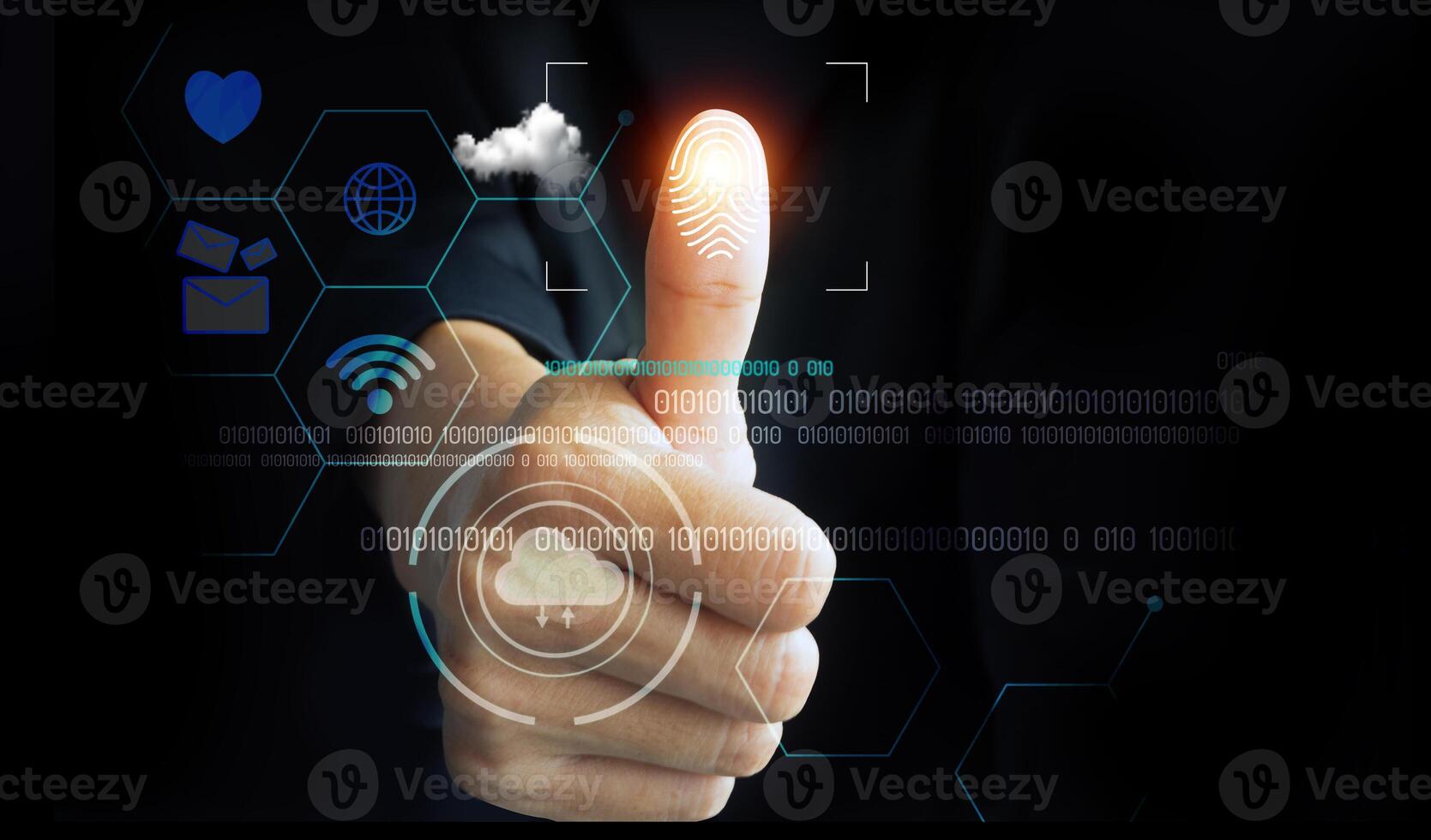 a person in a suit holding a finger up with a finger on it photo