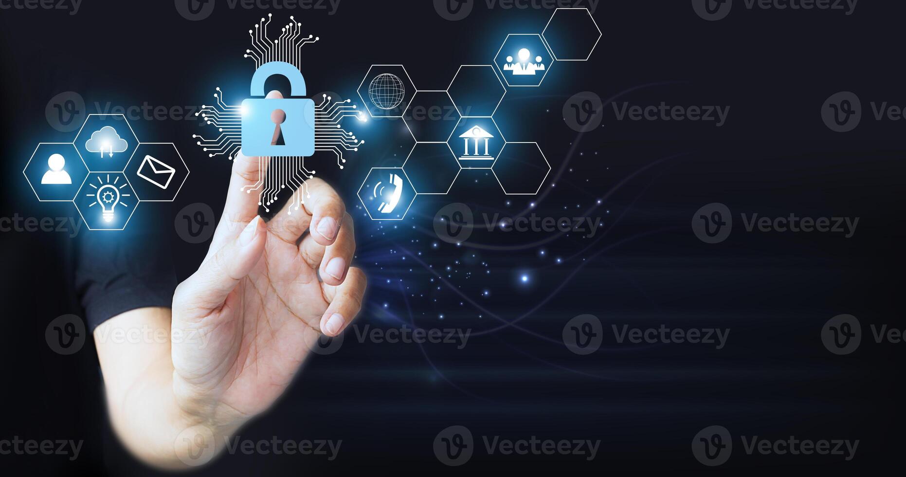 a hand is holding a padlock with icons on it photo