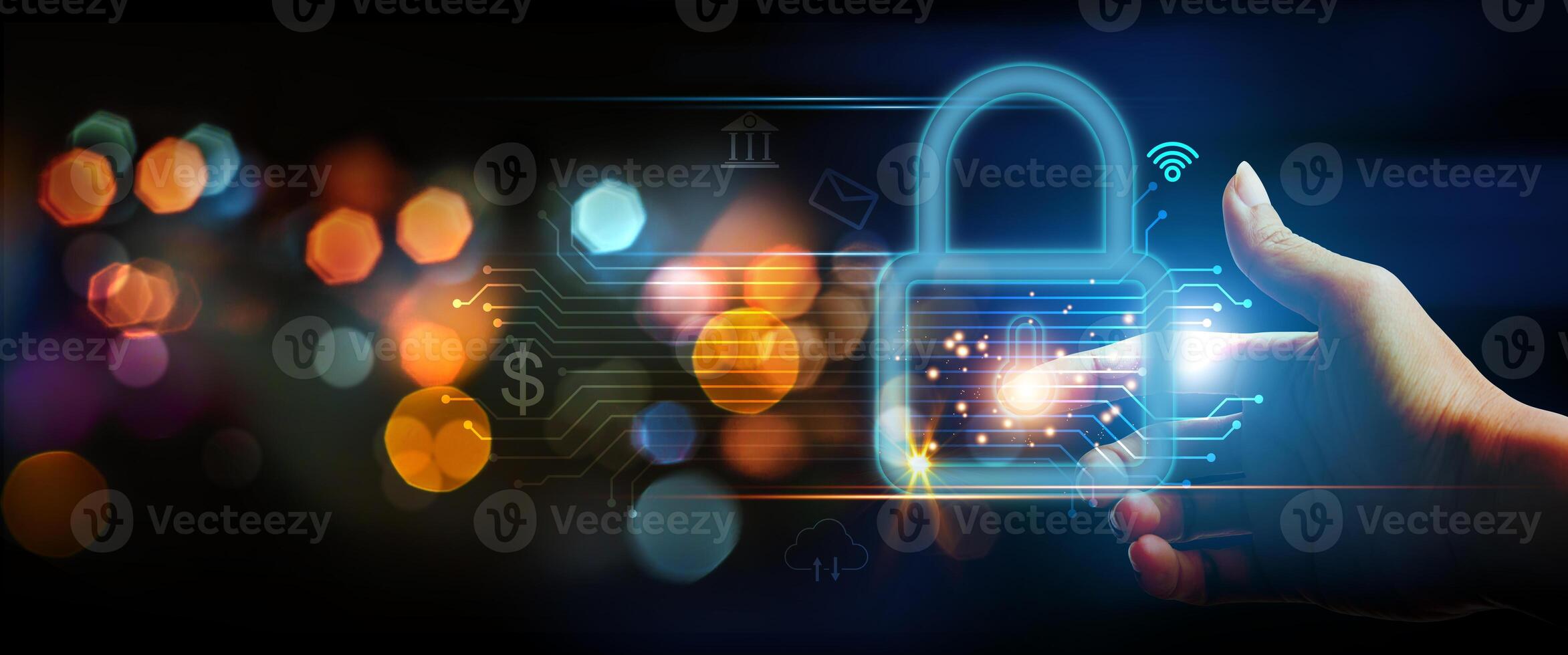 a hand is holding a padlock with a digital image of a screen photo