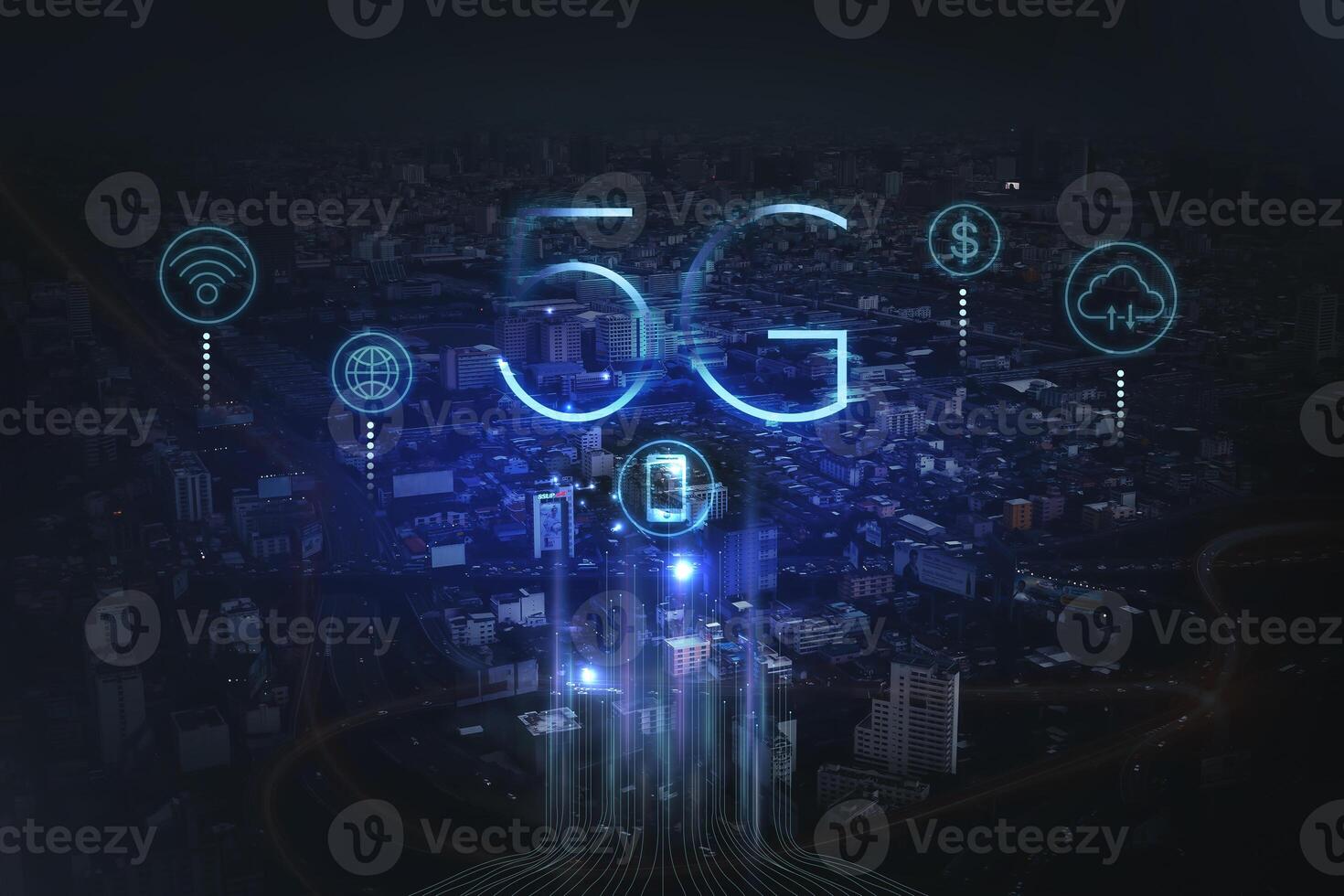 5g technology concept with futuristic city background photo
