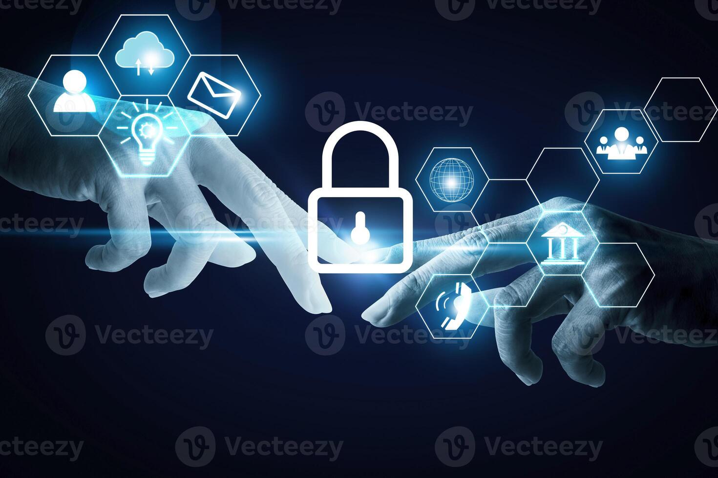 hands touching a padlock with icons of internet and social network photo
