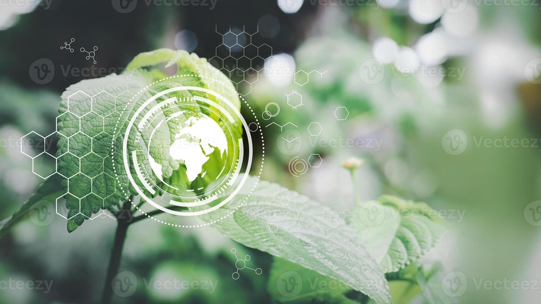 green leaf with world globe and green dots photo