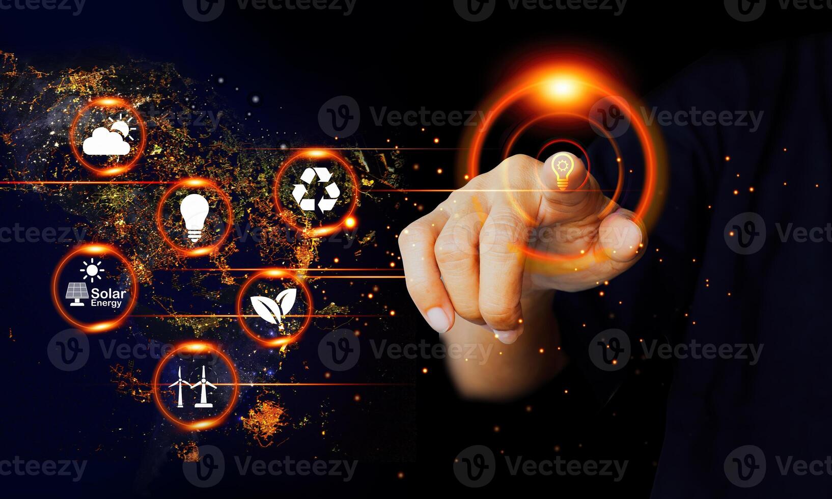a person is touching a button with icons on it photo