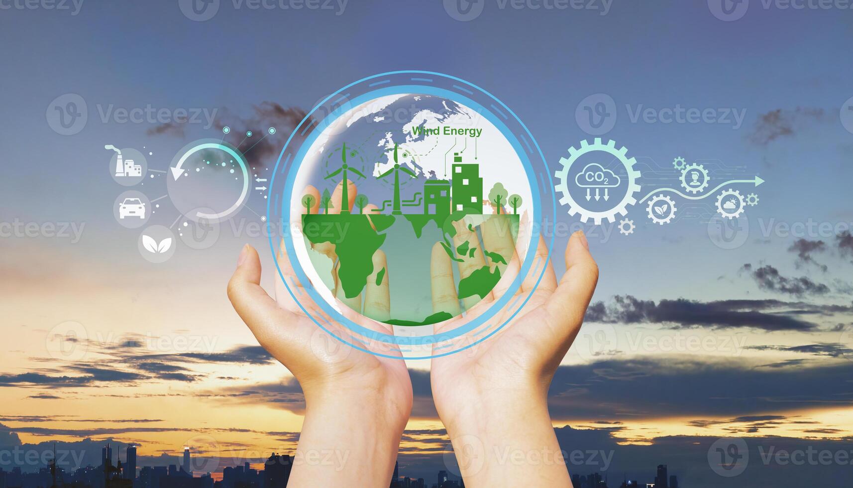 green energy concept in hands of two people with city background photo