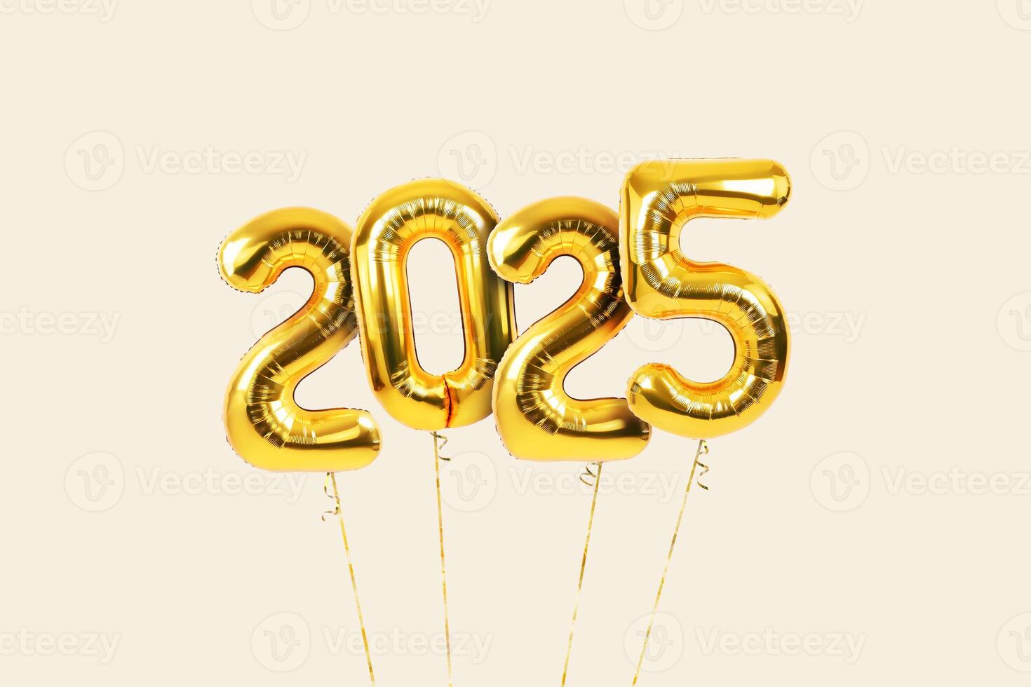 Festive golden New Year 2025 balls flying on beige background. Vintage numbers 2025. photo