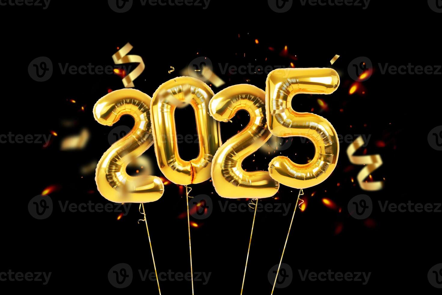 Golden balloons 2025 with golden ribbon with confetti flying on black background, concept. New Year, creative idea card photo