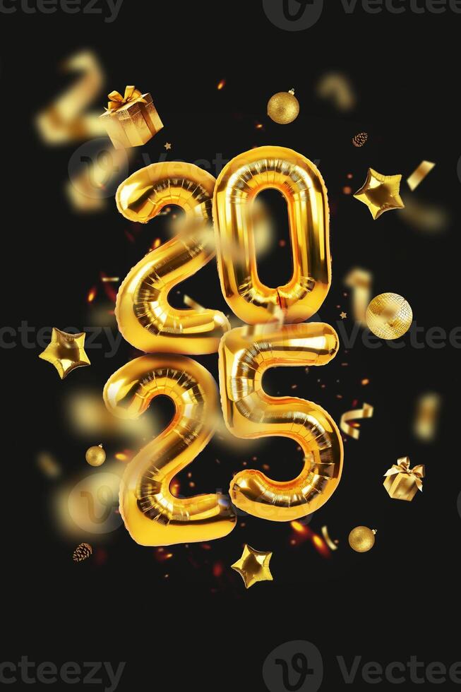 Premium golden balloons 2025 with confetti, gifts, pine cones and stars on a black background. New Year vertical card photo
