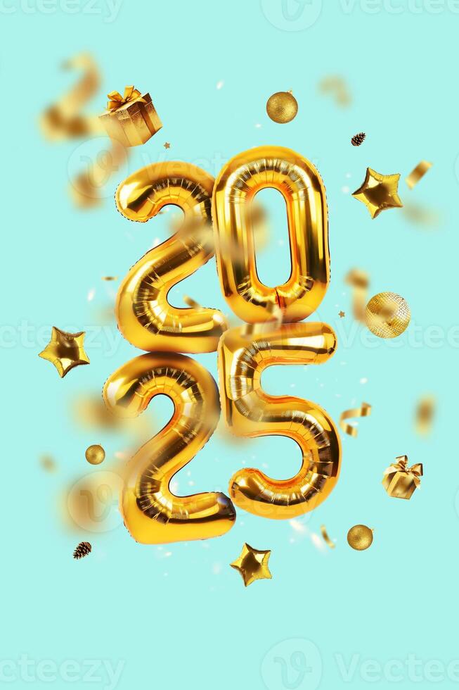Premium golden balloons 2025 with confetti, gifts, pine cones and stars on a blue background. New Year vertical card photo