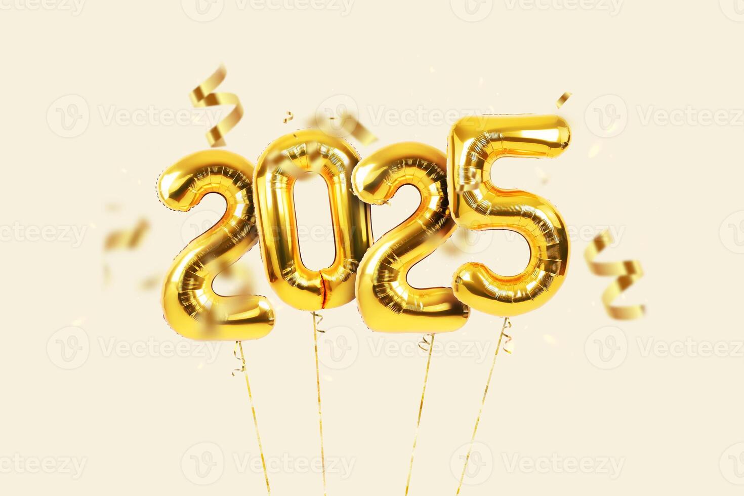 Golden balloons 2025 with golden ribbon with confetti flying on beige background, concept. New Year, creative idea card photo