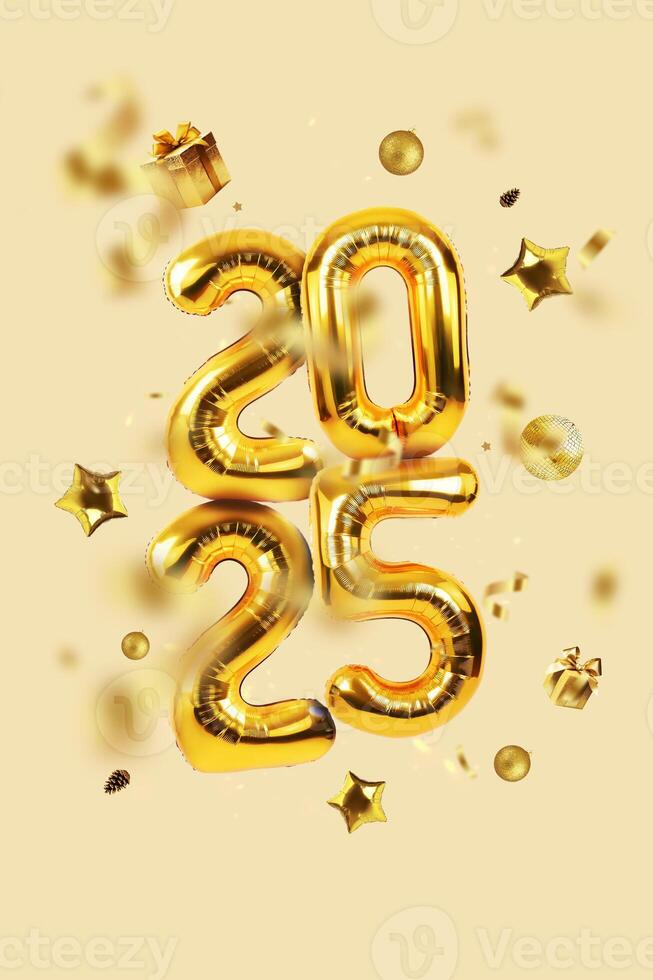 Premium golden balloons 2025 with confetti, gifts, pine cones and stars on a beige background. New Year vertical card photo