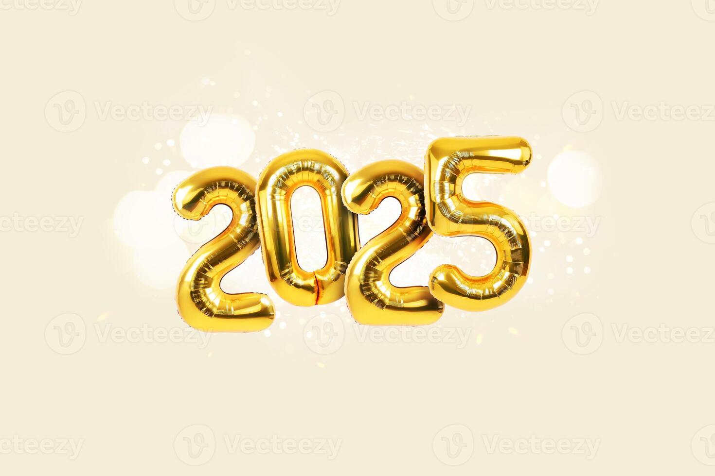 Golden festive balloons 2025 with sparkles and bokeh on beige background. Happy new year card photo