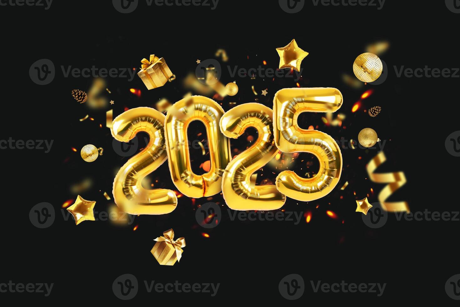 Golden balloons 2025 with confetti, gold mirrored balloon party, stars, gifts and sparks hover on a black background. Happy New Year 2025 creative. photo