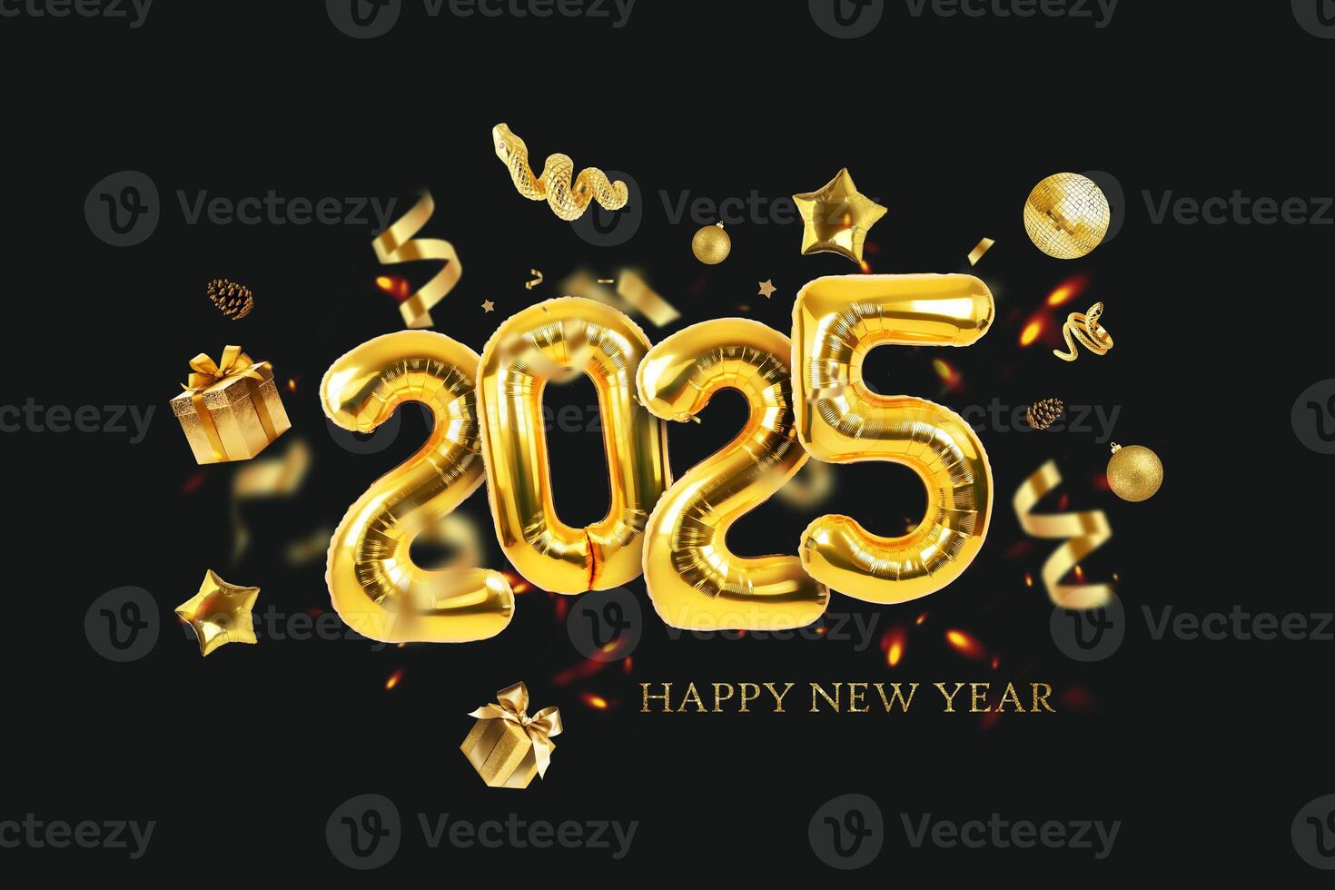 Gold balloons 2025 with confetti, gold mirrored balloon party, stars, gifts and golden snake on a black green background. Happy New Year 2025 creative. Golden Snake photo