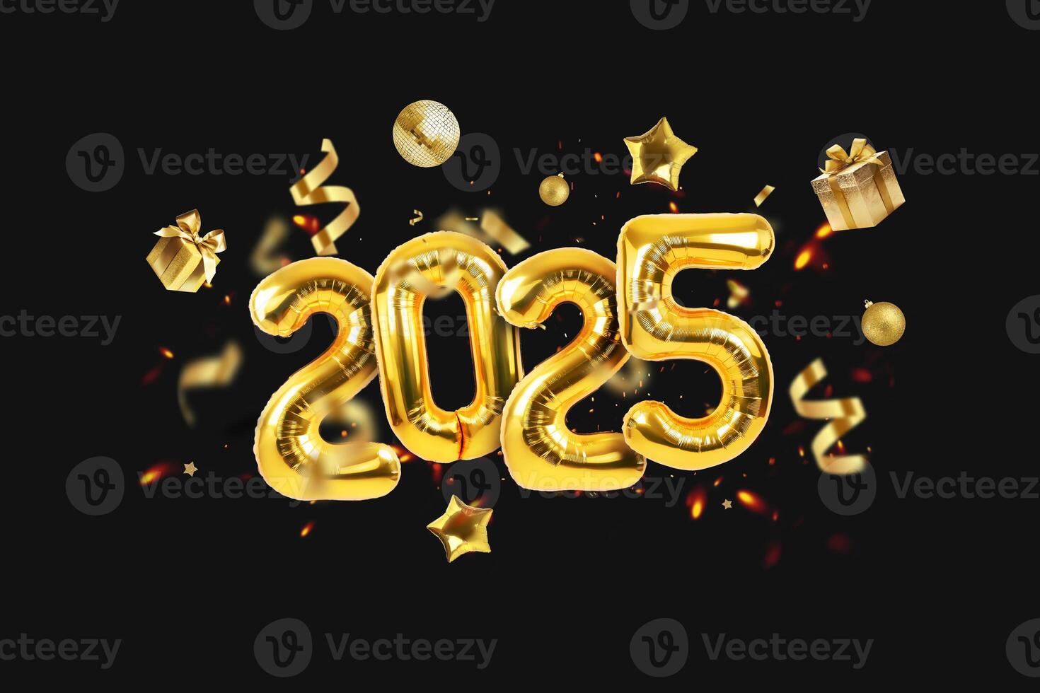 2025 New Year golden balloons with confetti, gifts and mirror party ball flying on a black background. Luxury Happy New Year 2025 card. photo