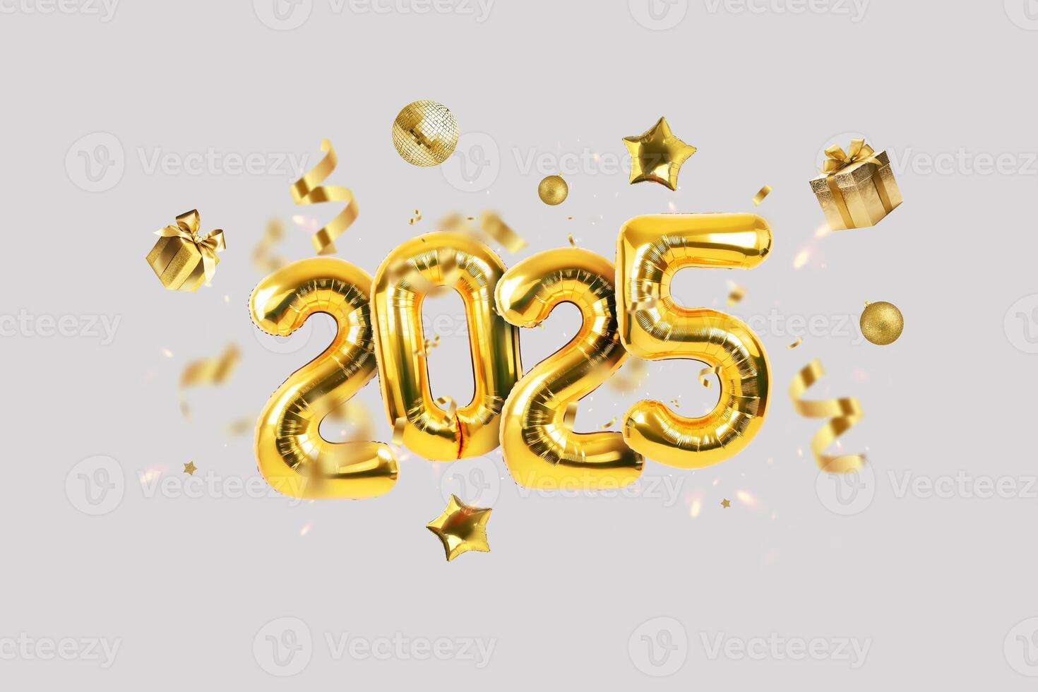 Happy new year 2025 golden balloons with gold confetti, gifts and mirror ball on a gray background. Luxury balloons 2025 photo