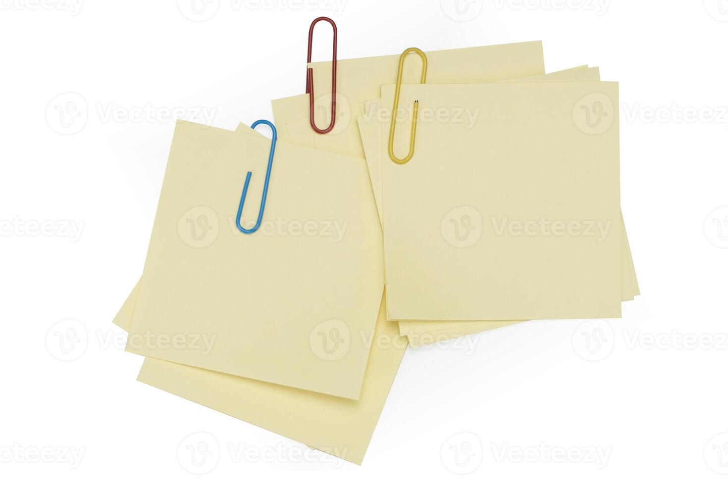 Office table with pen, note papers and paper clips top view photo