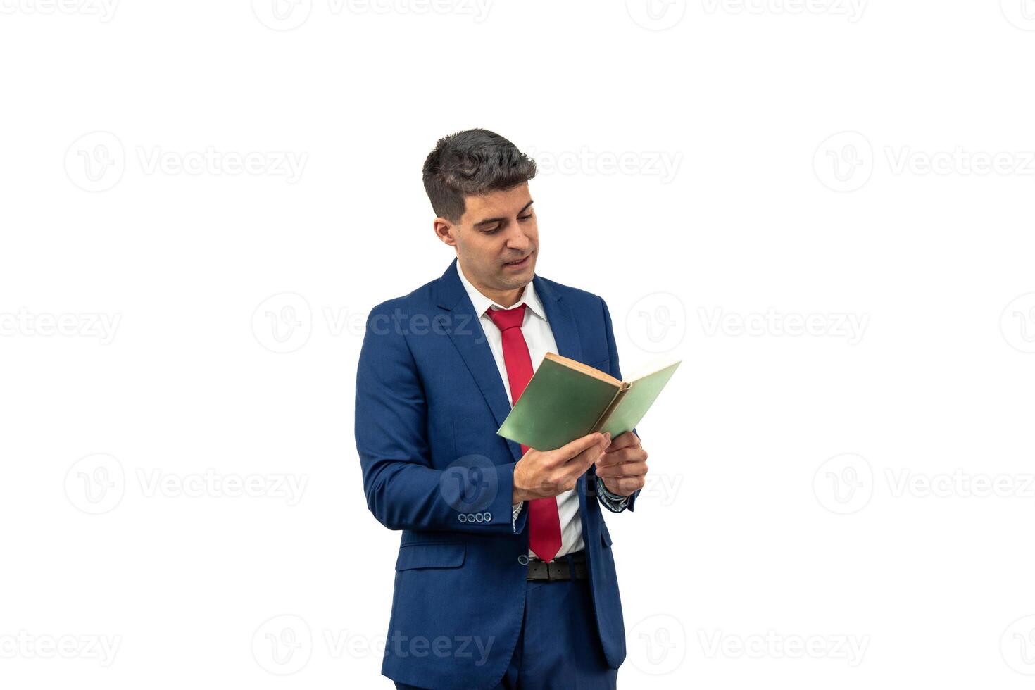 Businessman in Blue Suit and Tie Reading a book with Interest white background photo