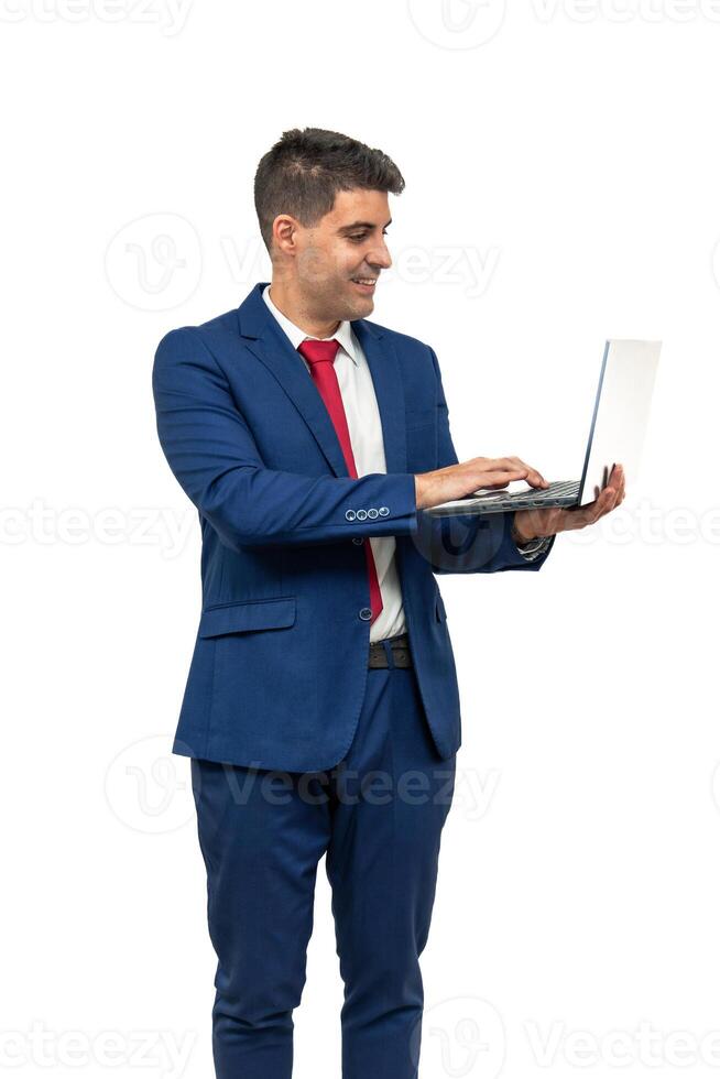 vertical Businessman Working on Laptop white background photo