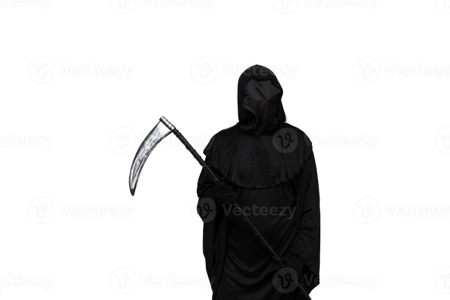 Grim reaper holding a scythe in Halloween costume white background photo