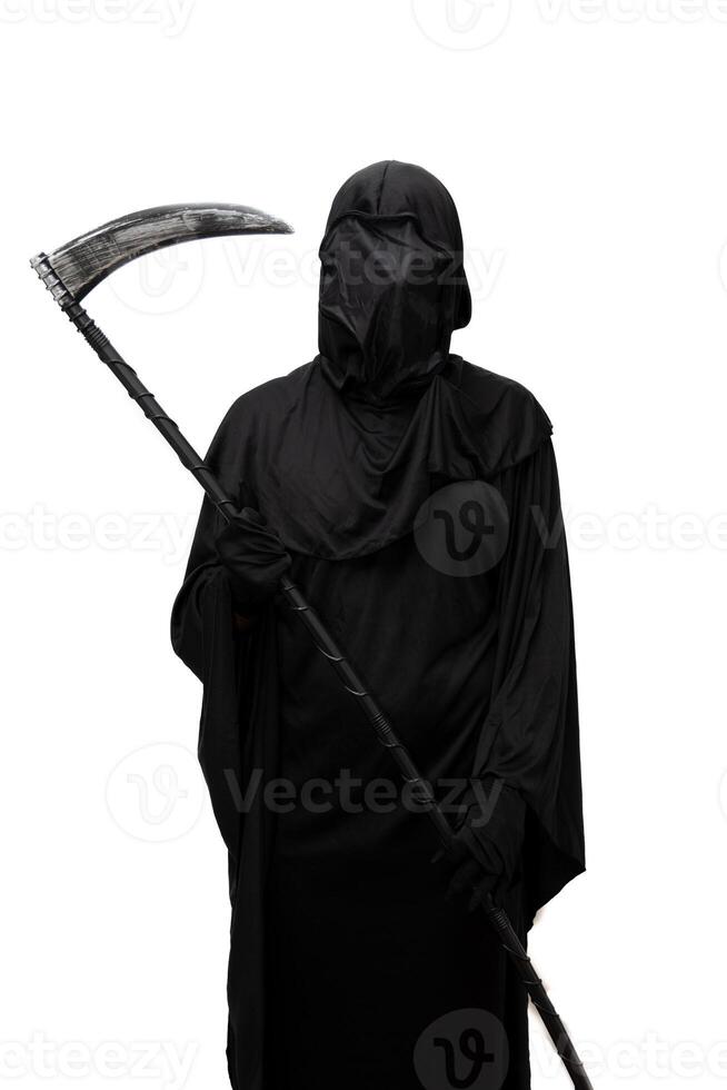 vertical Grim reaper in Halloween costume holding a scythe white background photo