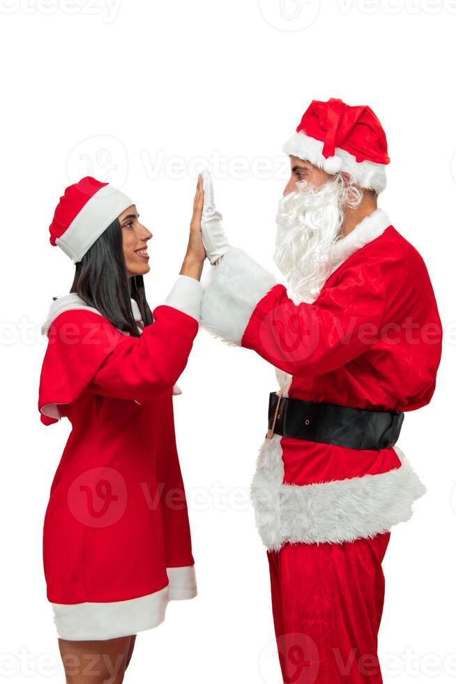 vertical Santa Claus and his wife high-fiving white background photo