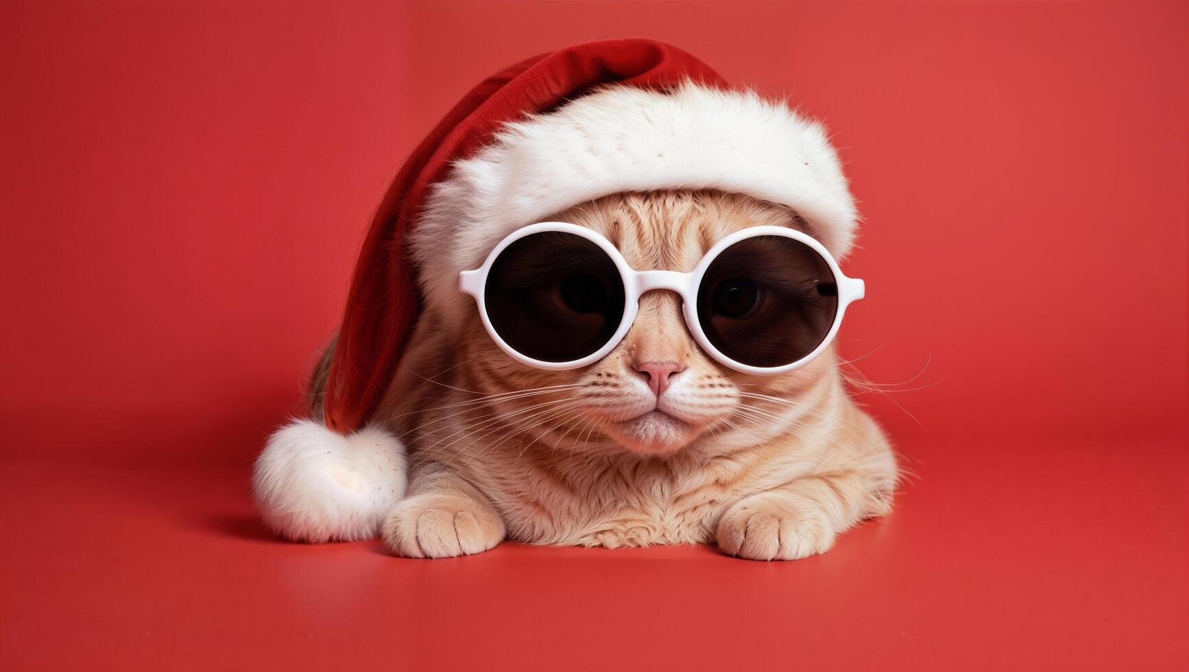 Charming Cat Dressed in Santa Hat and Sunglasses Against Red Background photo