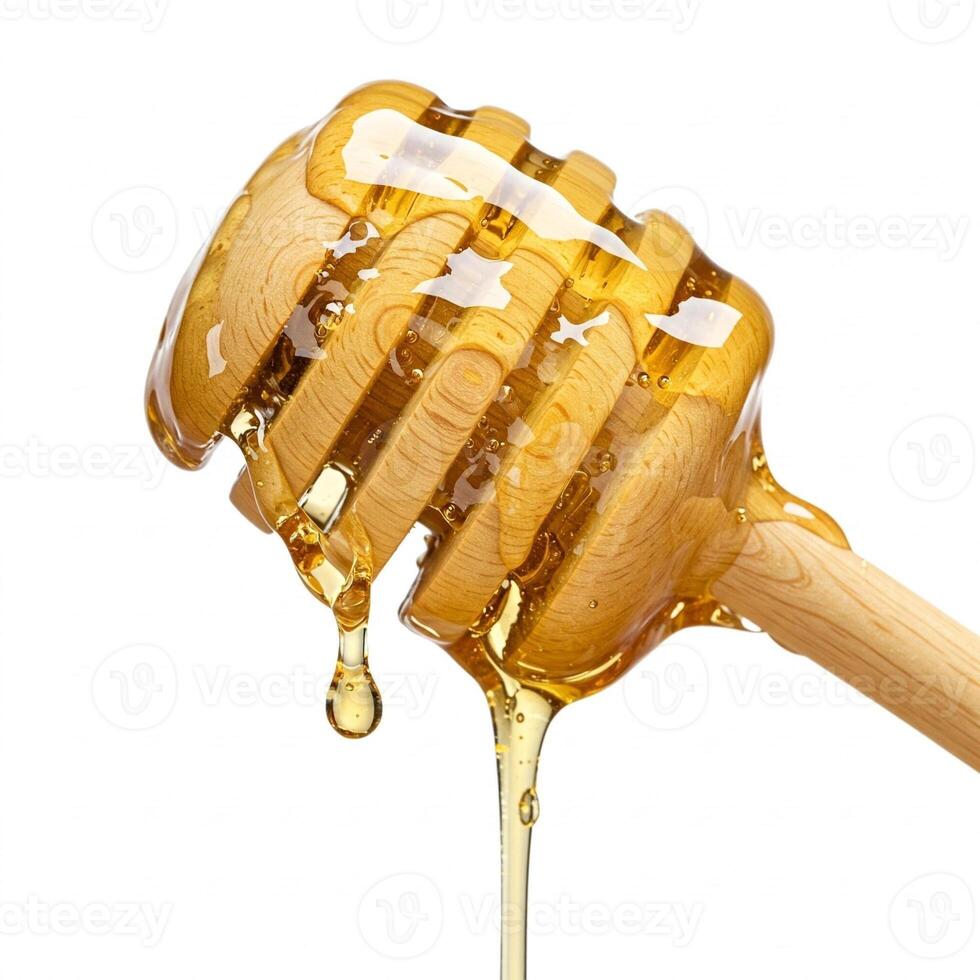 3D illustration of honey dripping from a honey dipper isolated on white photo