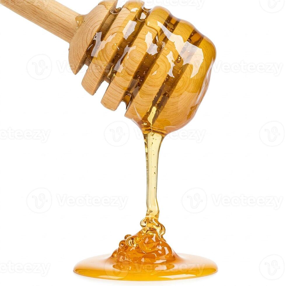 3D illustration of raw honey dripping from a honey dipper isolated on white photo