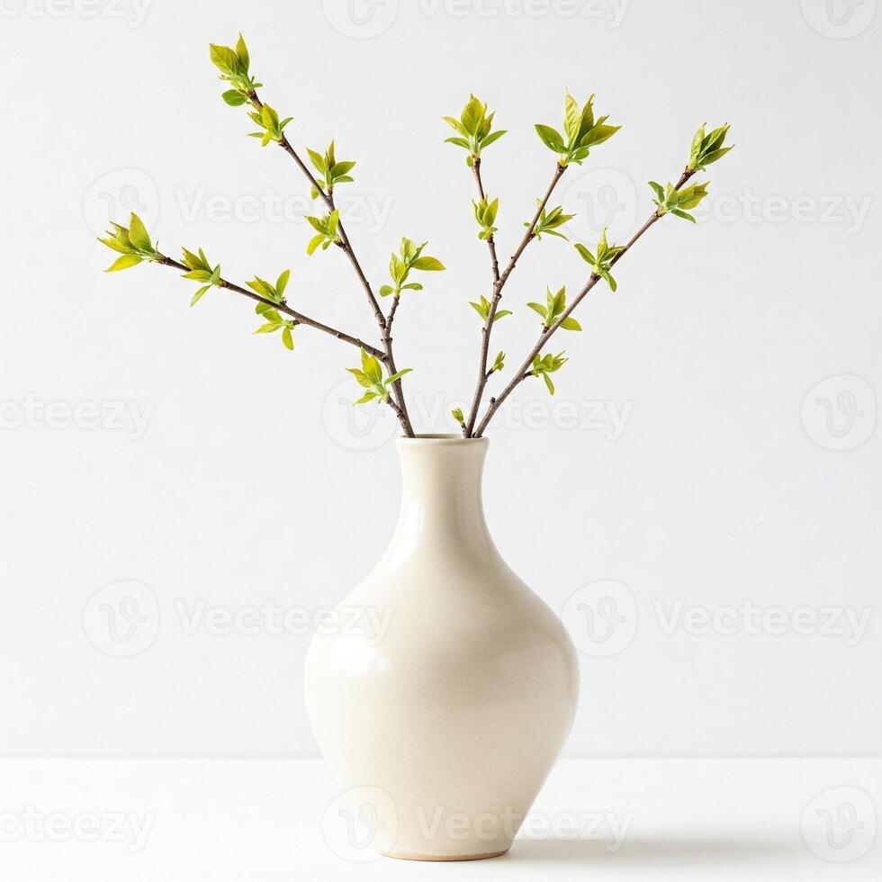 A modern white vase with a plant isolated on white photo