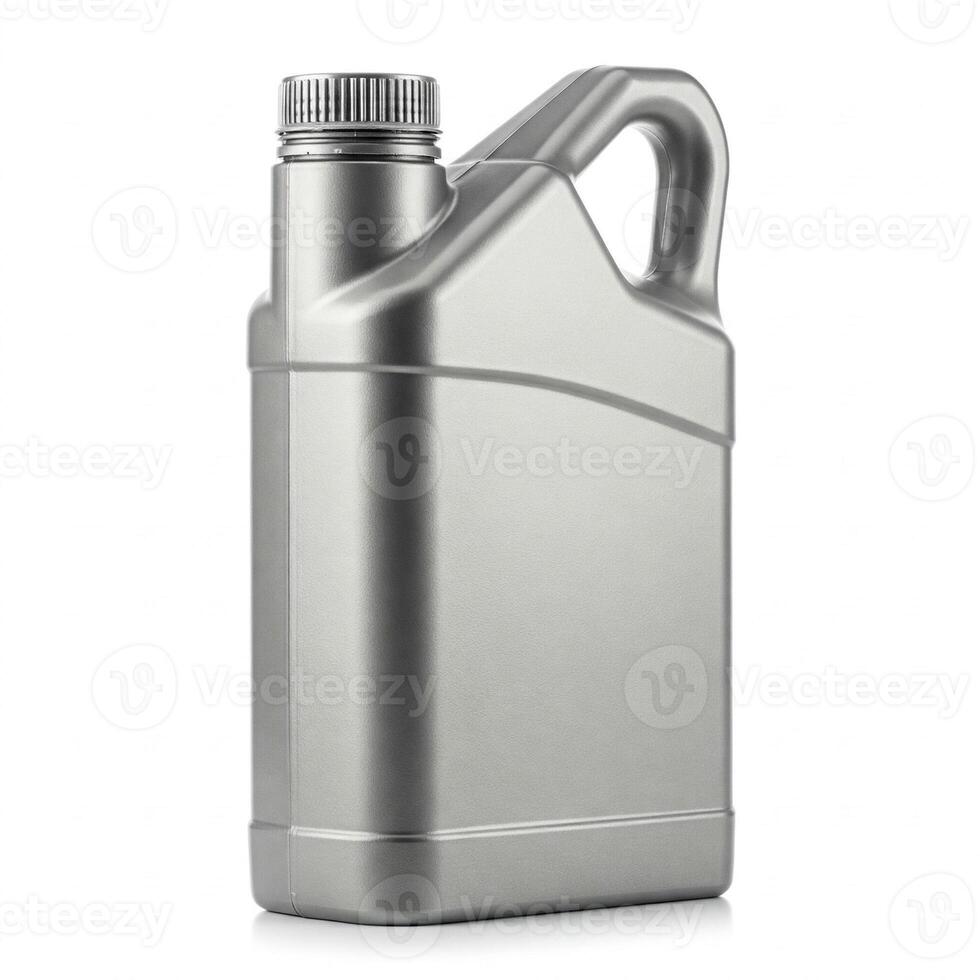 A plain grey engine oil canister isolated on white. Mockup concept photo