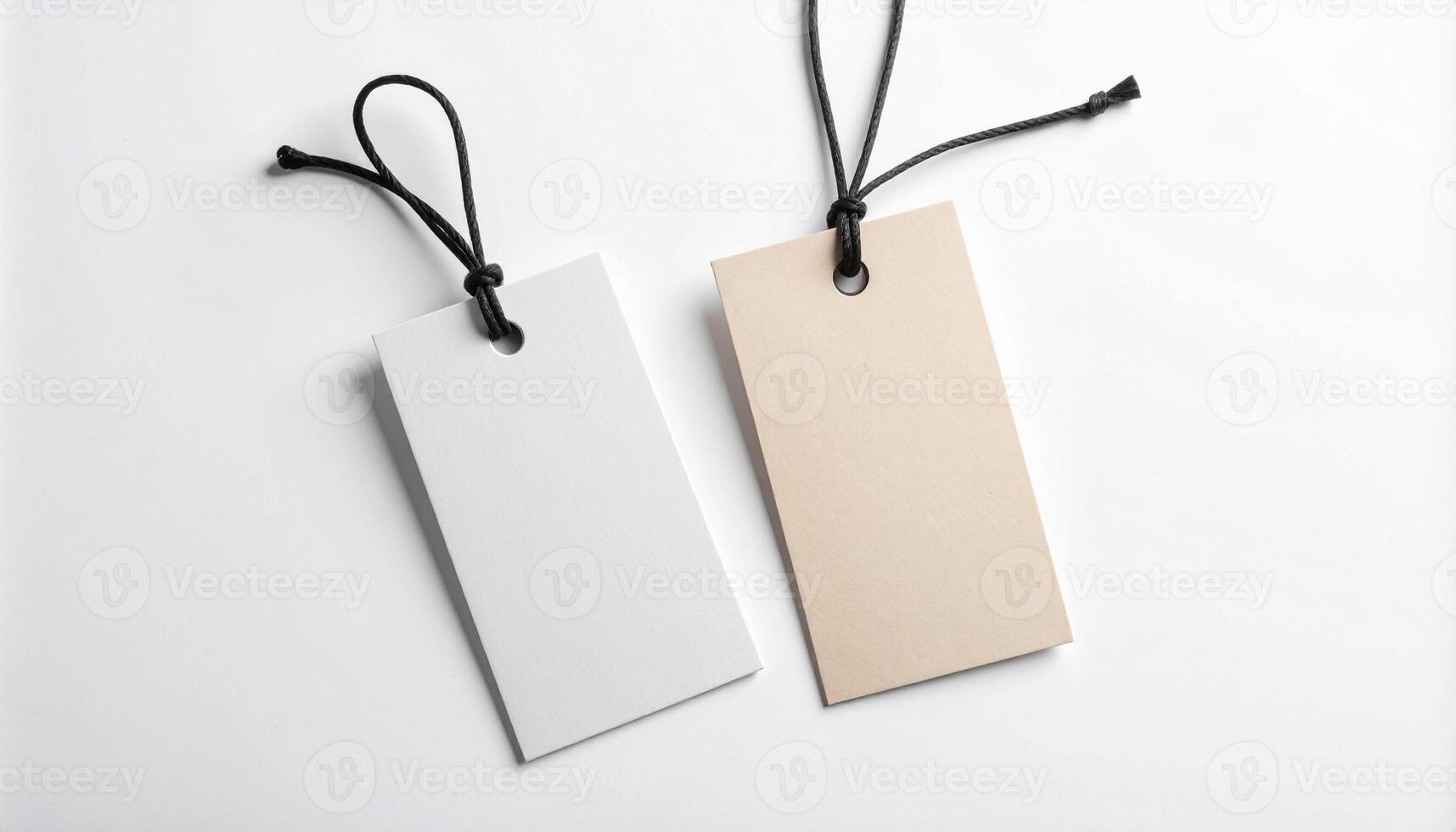 Two blank paper tags with black cord photo