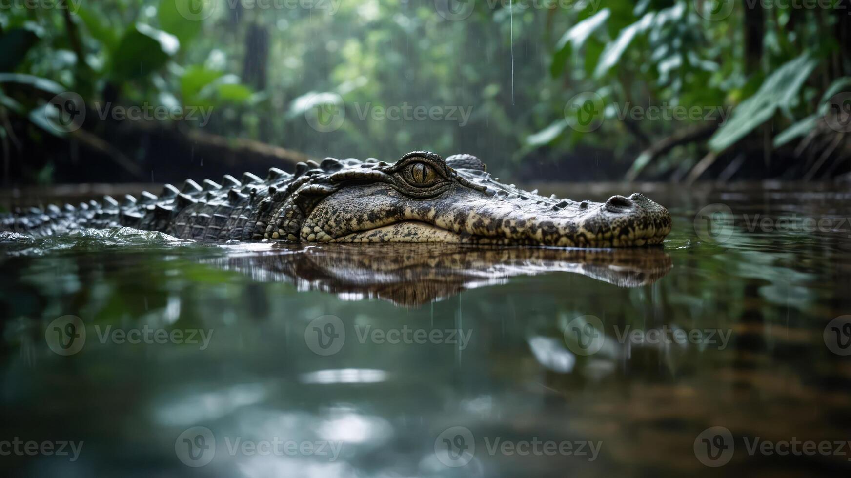 A crocodile swims in a lush, rain-soaked jungle environment. photo