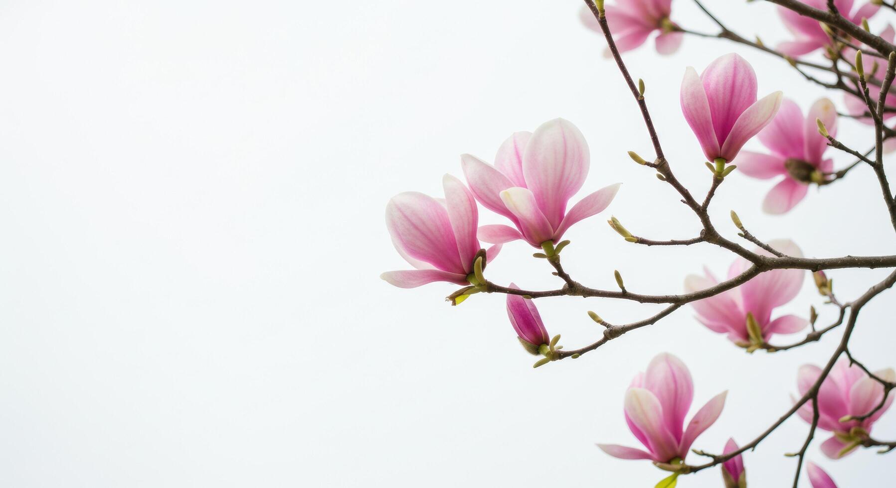 Delicate pink magnolia blossoms gracefully adorn branches against soft background photo