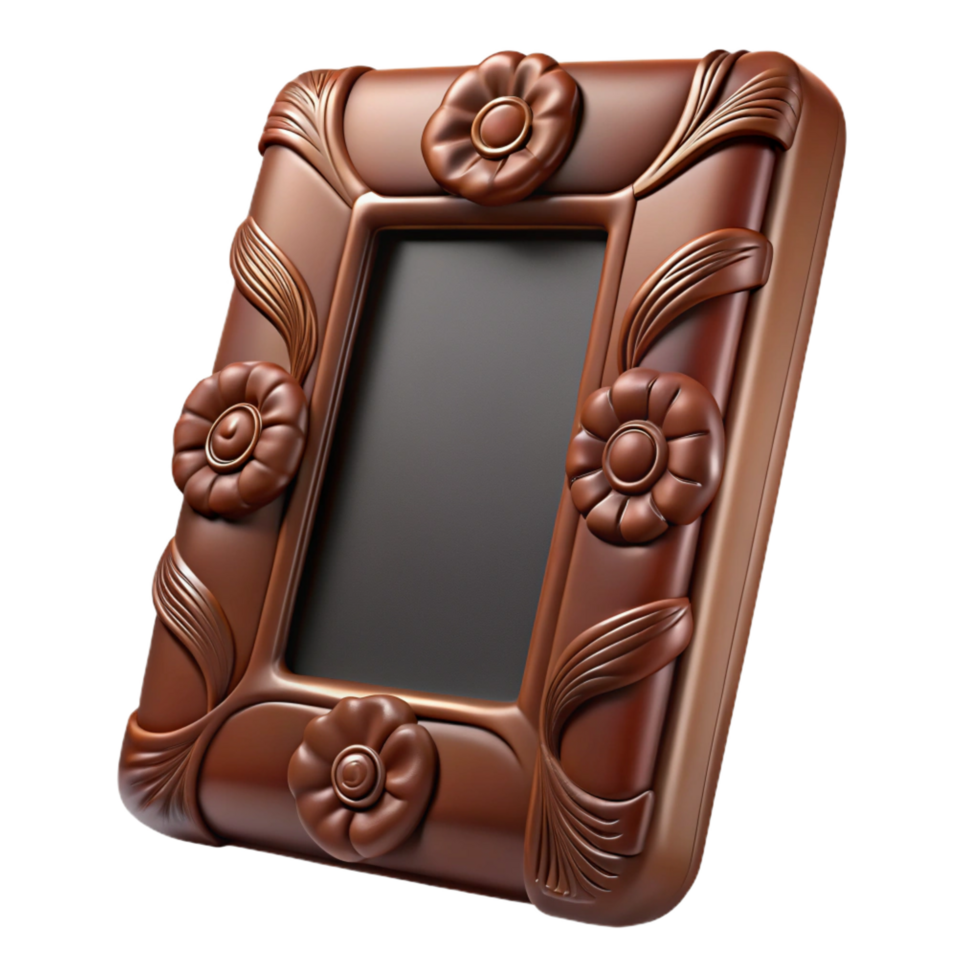 harmonious extraordinary Embosseleather picture frame, dark brown, detailefloral embossing, soft lighting, render, isolateon transparent background,high-resolution product photography exclusive png