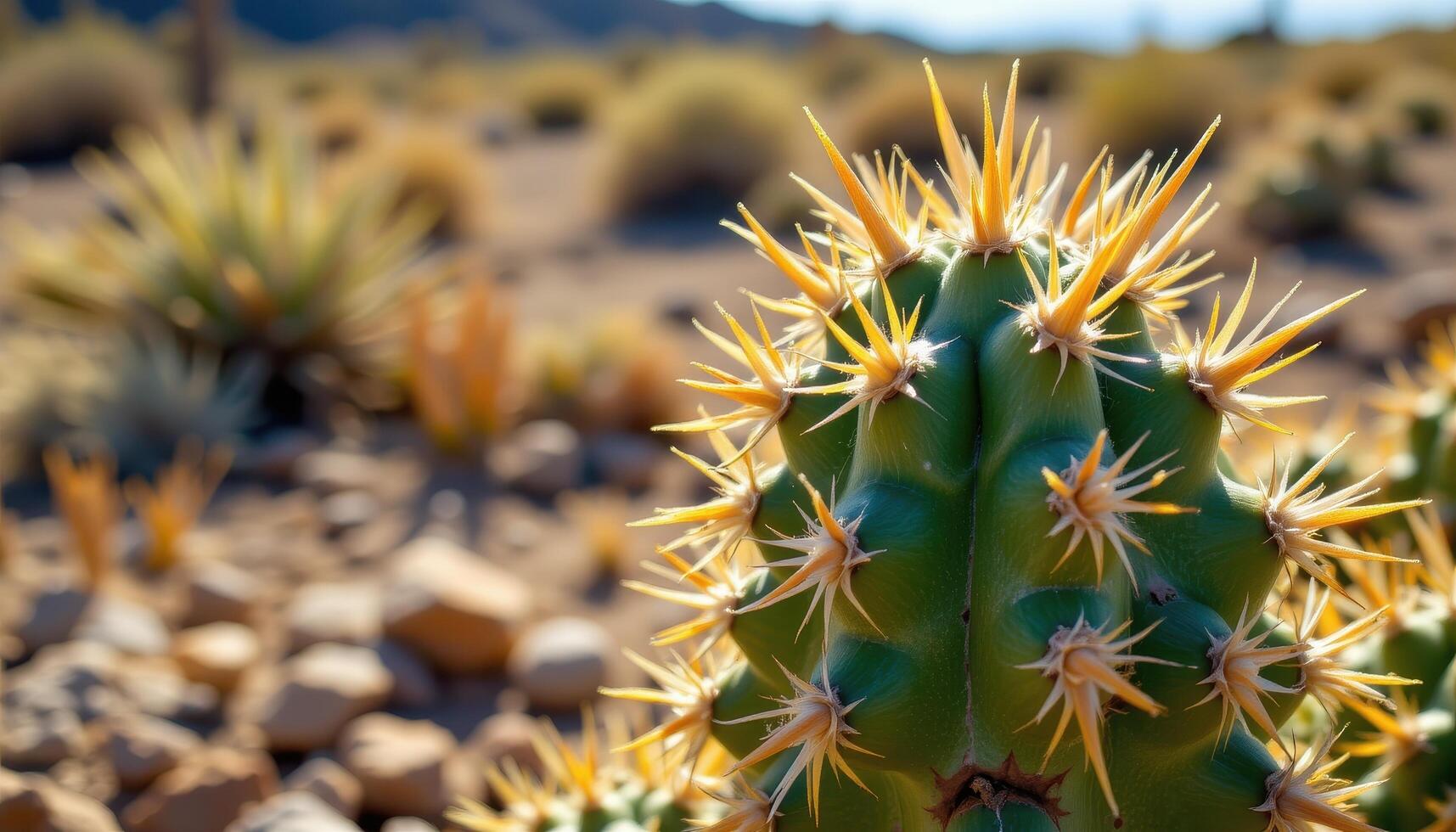 close up view of a cactus with sharp spines glistening under the midday sun in a dry desert environment. photo