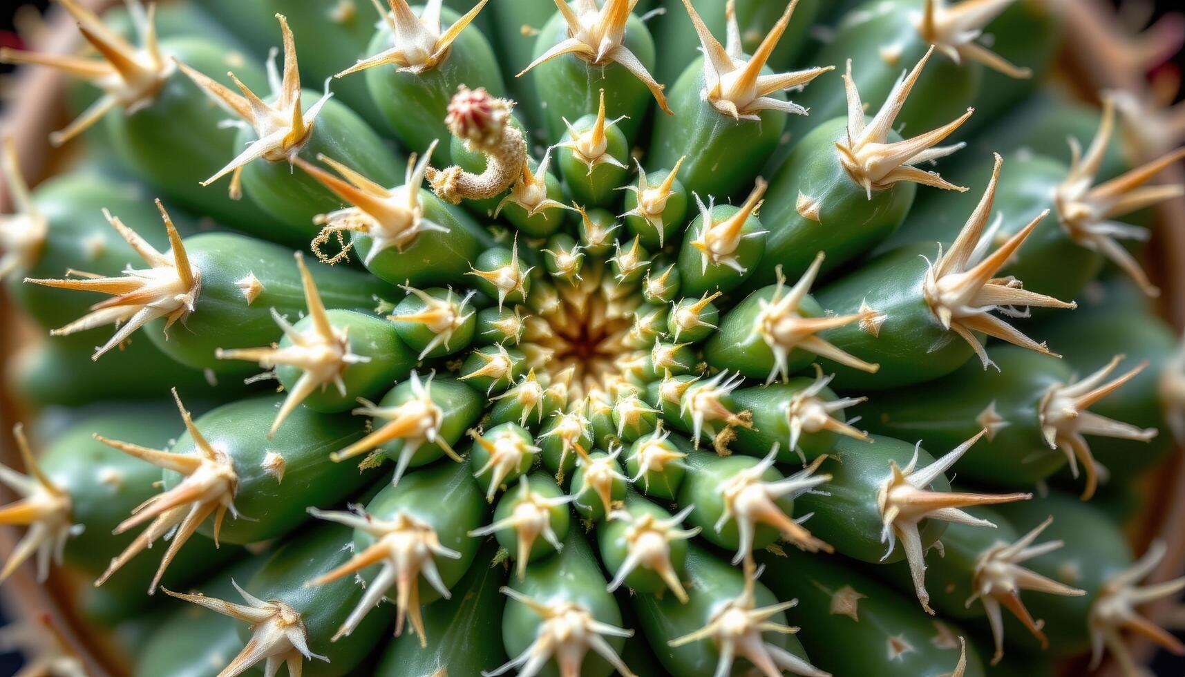 close up view of cactus thorns arranged in a mathematical spiral across its surface. photo