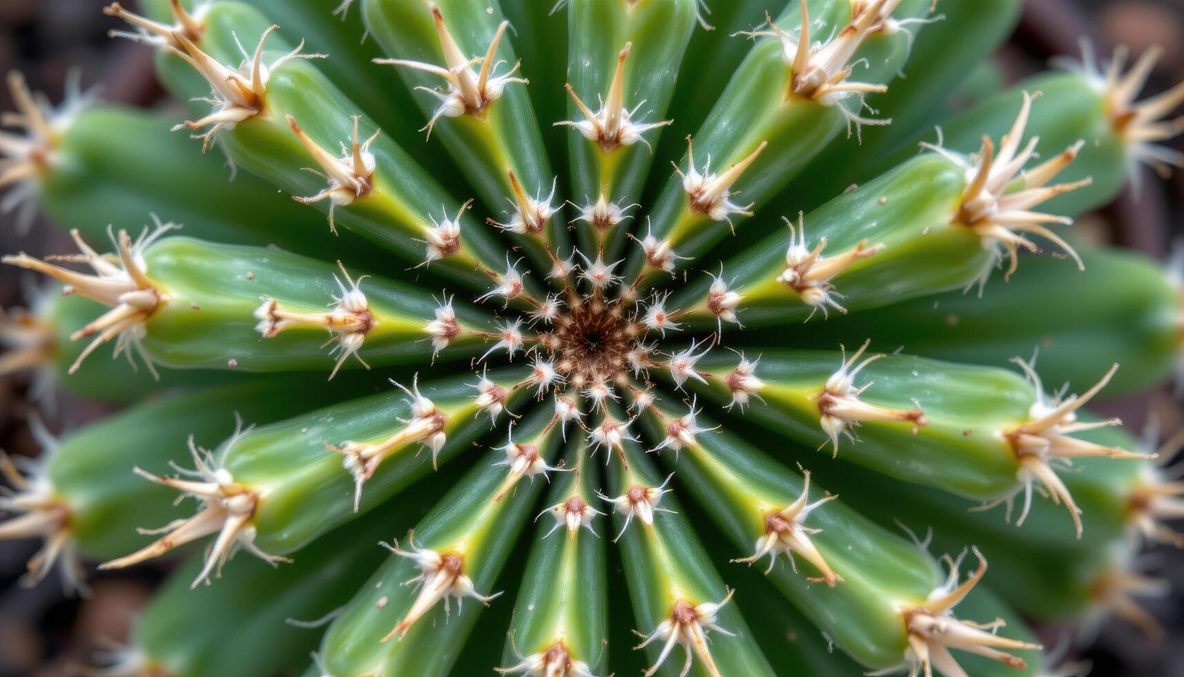 close up view of a cactus viewed from above, showing perfect radial symmetry of spines and ribs. photo
