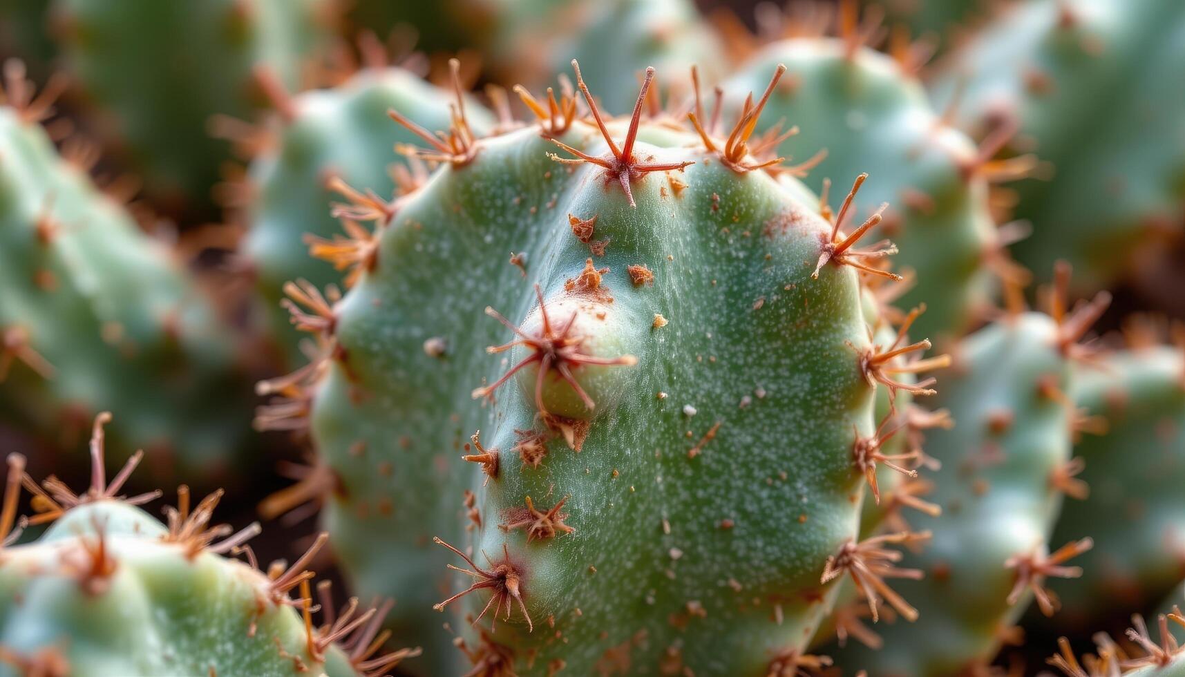 close up view of a cactus coated in thin layers of red desert dust, softening its vibrant green hue. photo