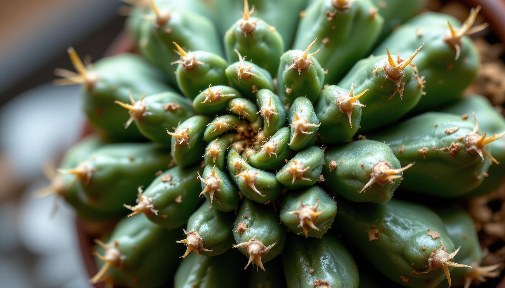 close up view of a segmented cactus with unique spiral growth captured from a side angle. photo