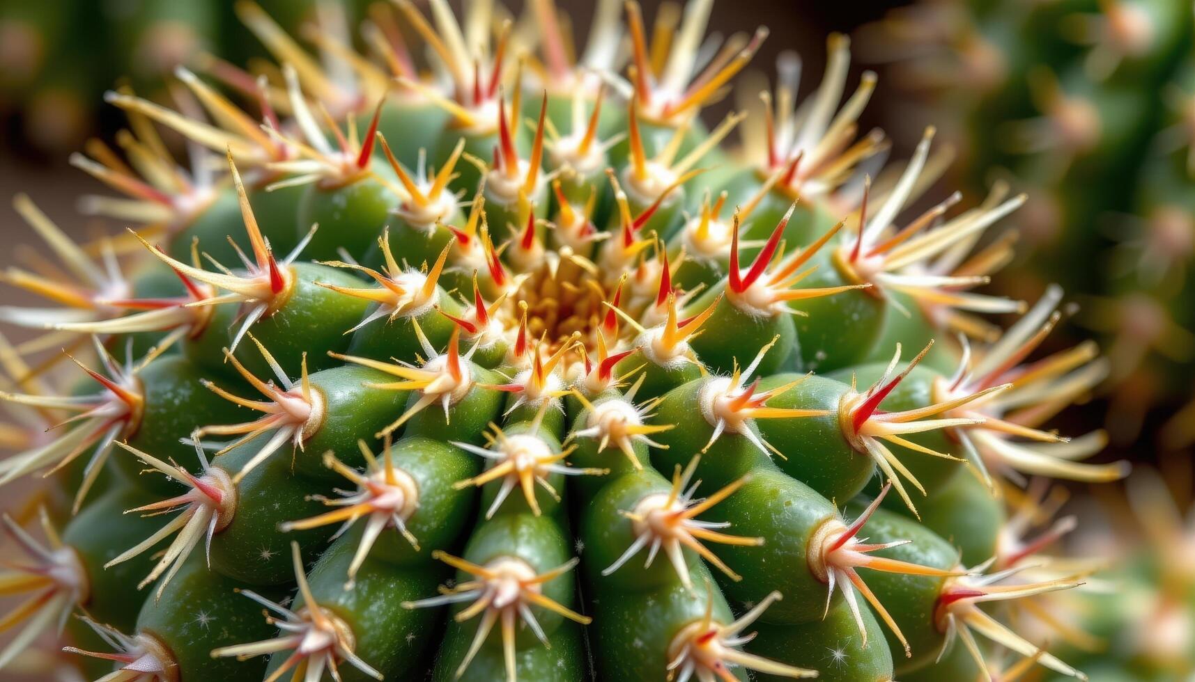 close up view of a cactus with multicolored spines varying from yellow to deep red. photo